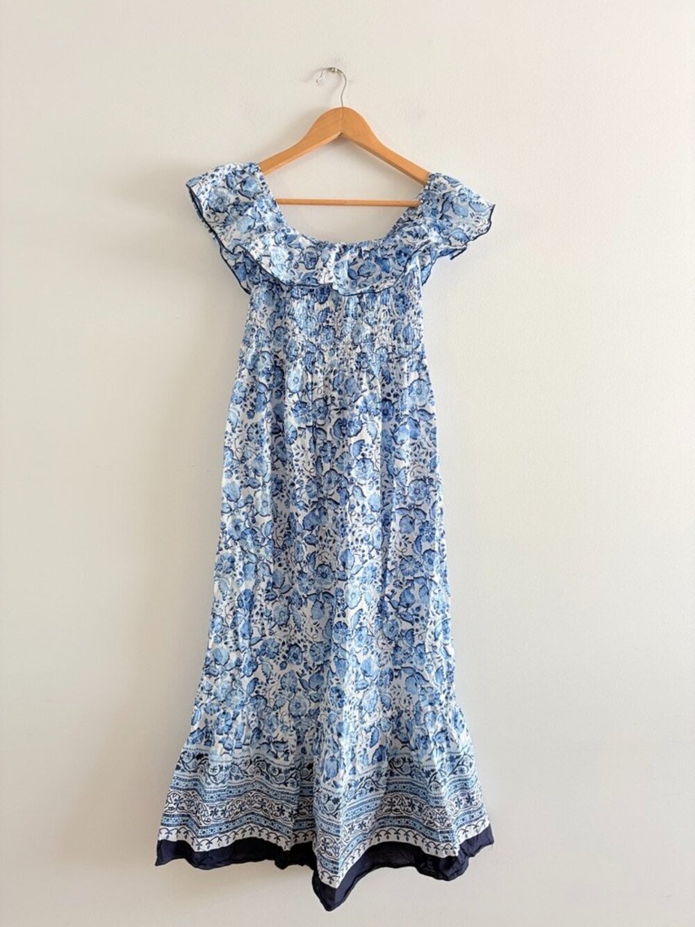 Zara Off The Shoulder Floral Print Maxi Dress Cotton Blue White Size Medium - Picture 4 of 8